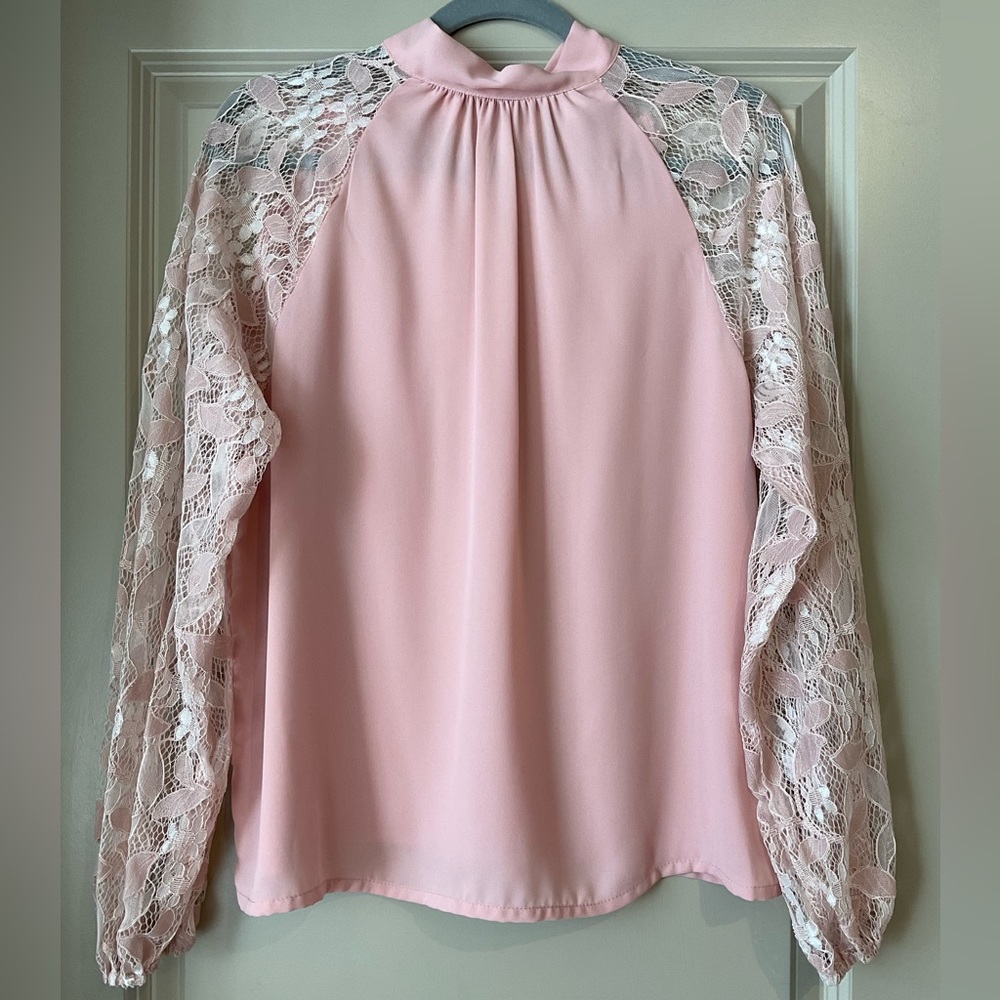 SHEIN Unity Tie Neck Lace Flower Sleeve Blouse